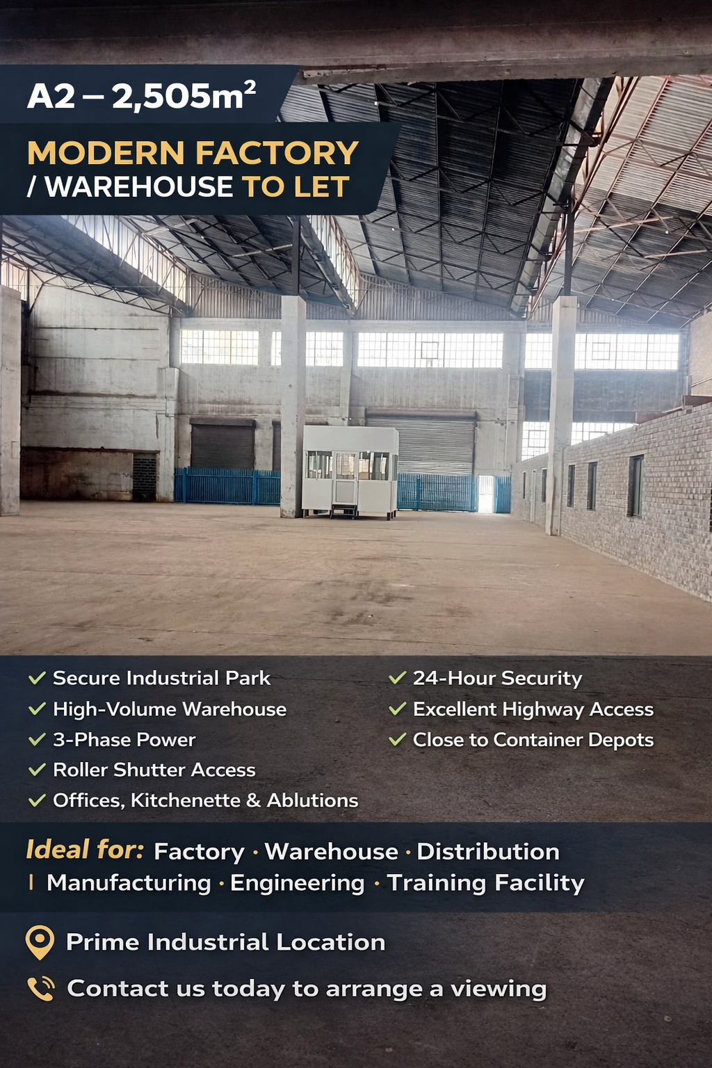 A2 – 2,505m² Modern Factory, Warehouse, Distribution Facility To Let