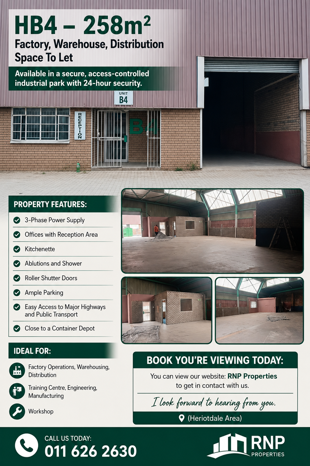 HB4 – 258m² Factory, Warehouse, Distribution Space to Let