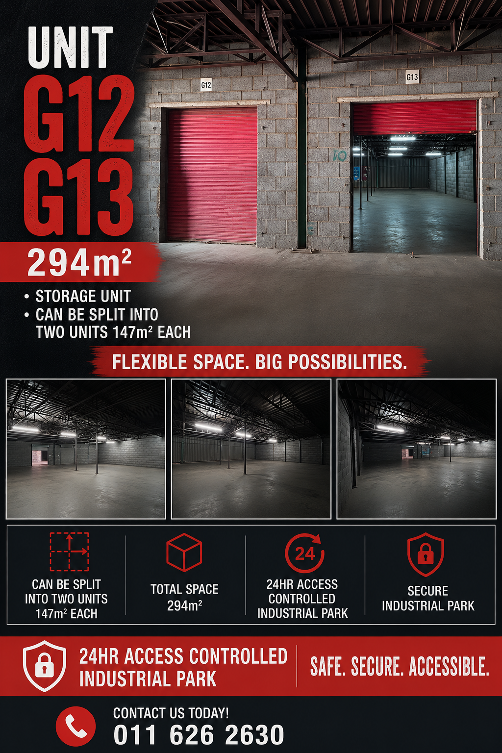 G12 – 147m² – G13 – 147m² Total – 294m² Secure Storage Space to Let