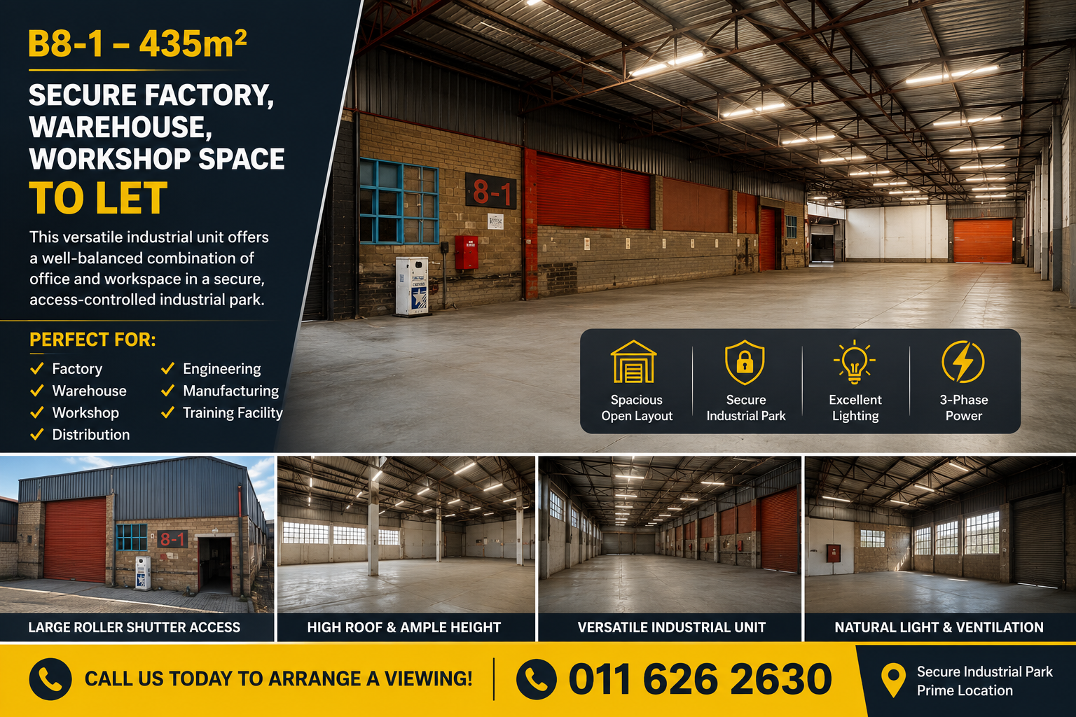 B8-1 – 435m² Secure Factory, Warehouse, Workshop Space to Let