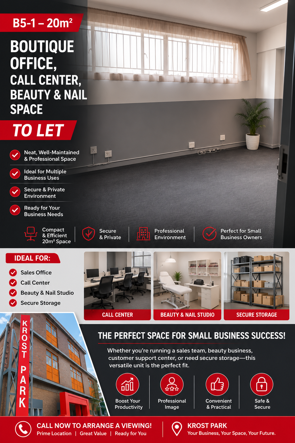 B5-1 – 20m² Boutique Office, Call Center, Beauty & Nail Space to Let