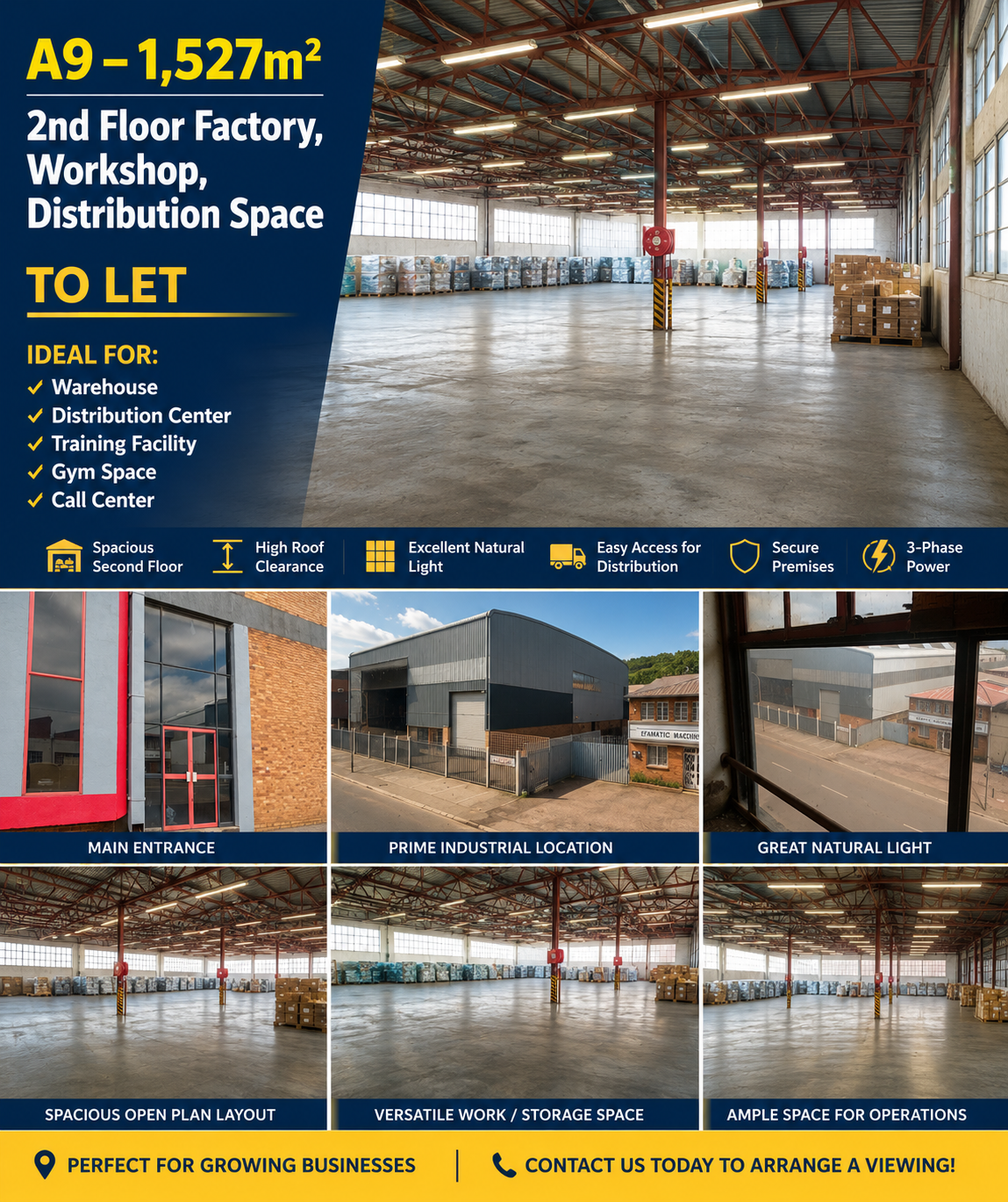 A9 – 1,527M² 2nd Floor Factory, Workshop, Distribution Space to Let
