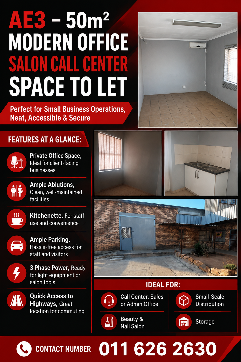 AE3 – 50m² Modern Office Salon Call Center Space to Let